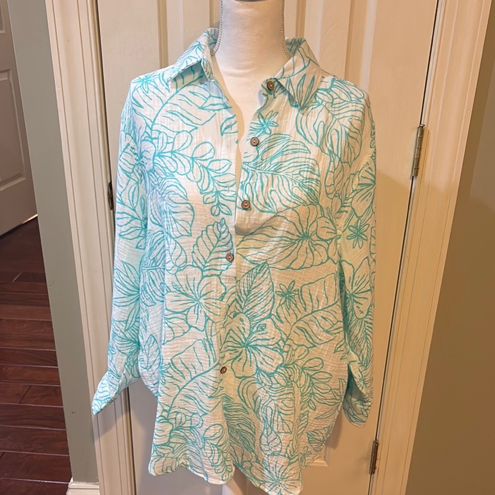 Ocean Drive Teal Floral Button-Down Shirt via th matching drawstring pants